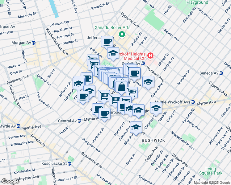 map of restaurants, bars, coffee shops, grocery stores, and more near 342 Knickerbocker Avenue in Brooklyn