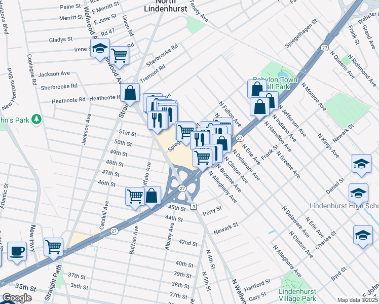 map of restaurants, bars, coffee shops, grocery stores, and more near 600 Wellwood Avenue in Lindenhurst