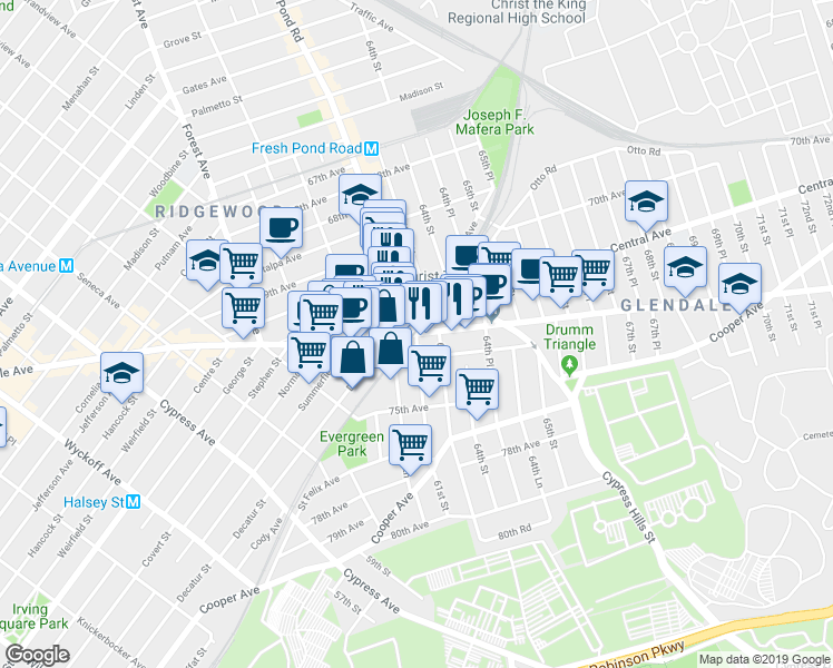 map of restaurants, bars, coffee shops, grocery stores, and more near 61st Street in Queens