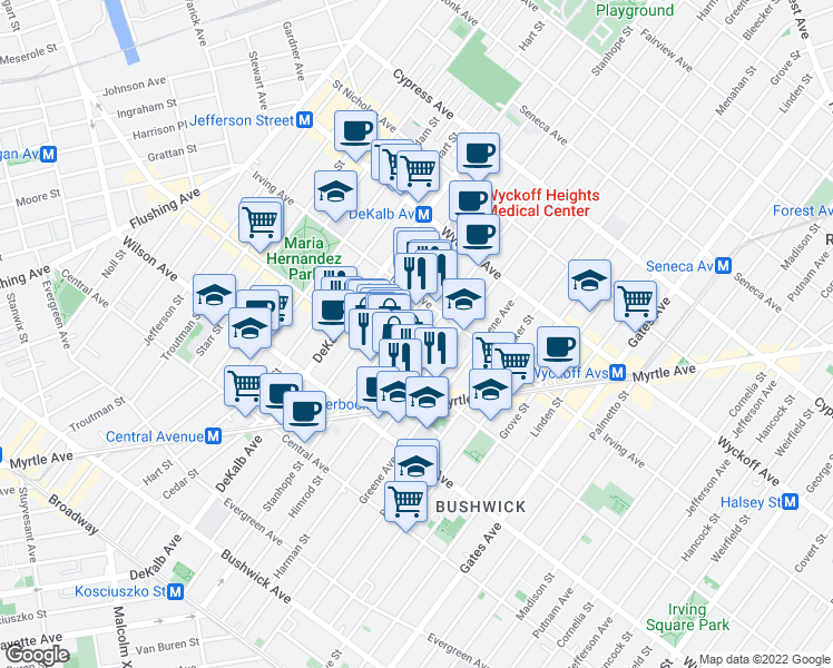 map of restaurants, bars, coffee shops, grocery stores, and more near 234B Stanhope Street in Brooklyn