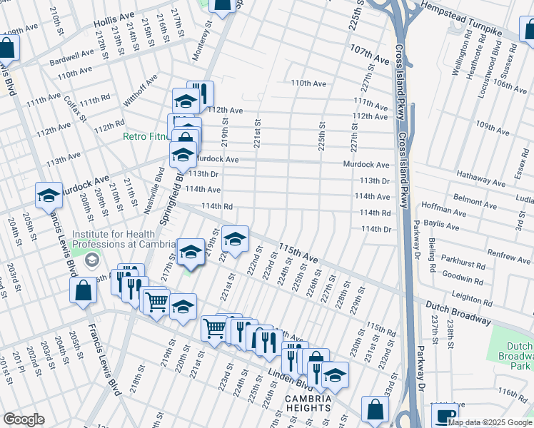 map of restaurants, bars, coffee shops, grocery stores, and more near 221-20 114th Road in Queens