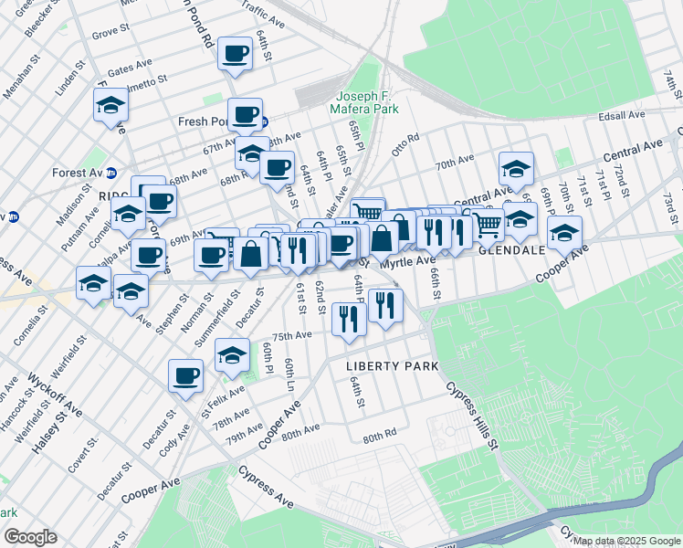 map of restaurants, bars, coffee shops, grocery stores, and more near 64-04 Myrtle Avenue in Queens