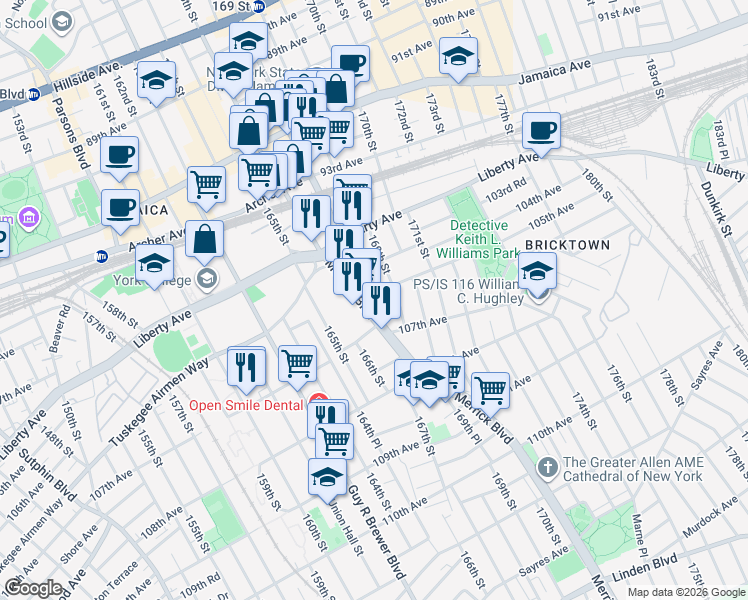 map of restaurants, bars, coffee shops, grocery stores, and more near in Queens