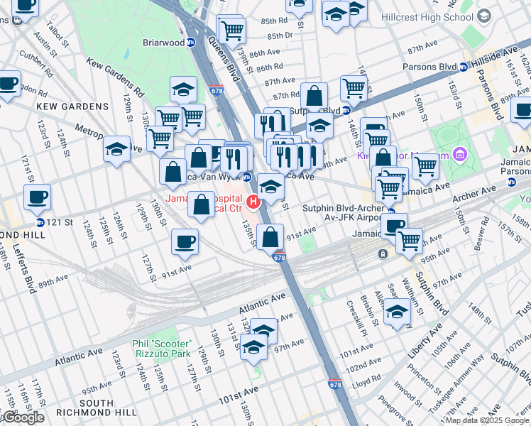map of restaurants, bars, coffee shops, grocery stores, and more near Van Wyck Expressway in Queens