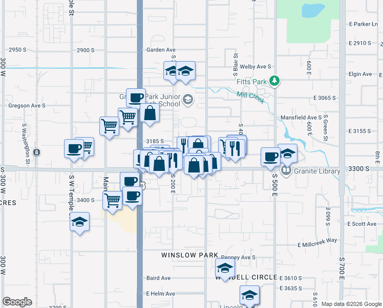map of restaurants, bars, coffee shops, grocery stores, and more near 3206 South 300 East in South Salt Lake
