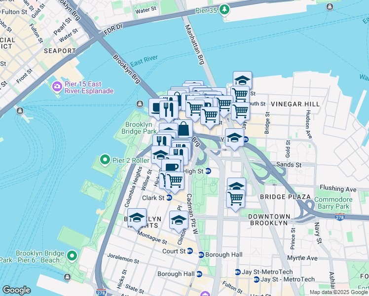 map of restaurants, bars, coffee shops, grocery stores, and more near 75 Poplar Street in Brooklyn