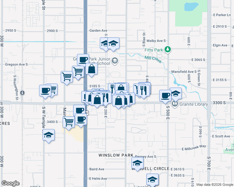 map of restaurants, bars, coffee shops, grocery stores, and more near 3206 South 300 East in South Salt Lake