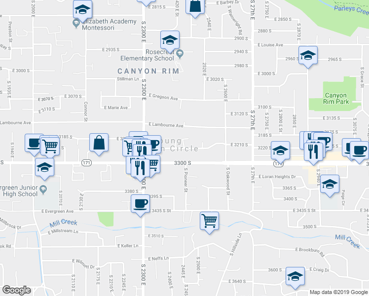 map of restaurants, bars, coffee shops, grocery stores, and more near 2457 3225 South in Salt Lake City