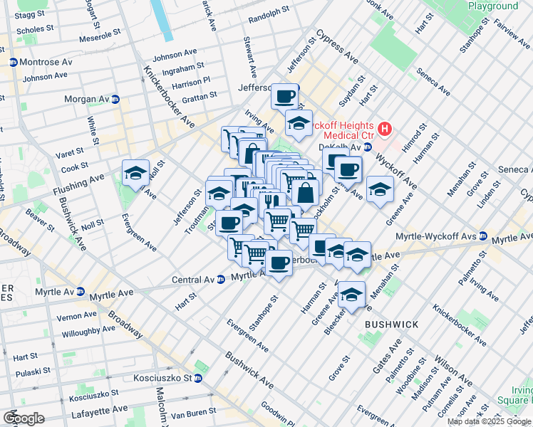 map of restaurants, bars, coffee shops, grocery stores, and more near 228 Suydam Street in Brooklyn