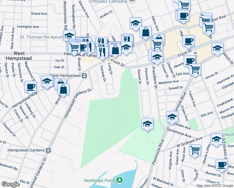 map of restaurants, bars, coffee shops, grocery stores, and more near 120 Long Dr in Hempstead