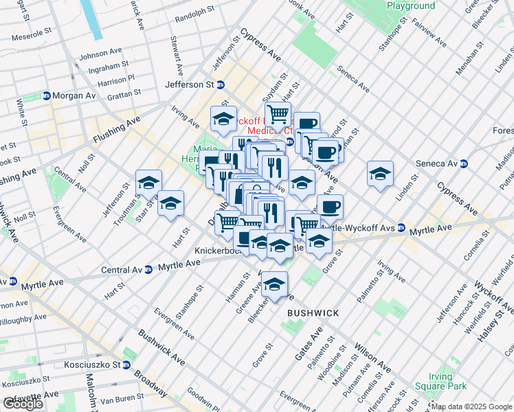 map of restaurants, bars, coffee shops, grocery stores, and more near 234B Stanhope Street in Brooklyn
