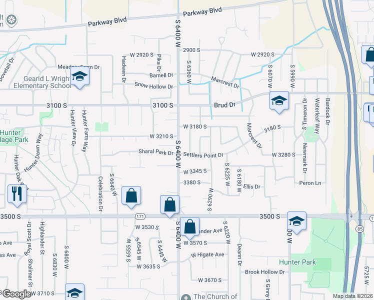 map of restaurants, bars, coffee shops, grocery stores, and more near 6370 Settlers Point Drive in West Valley City