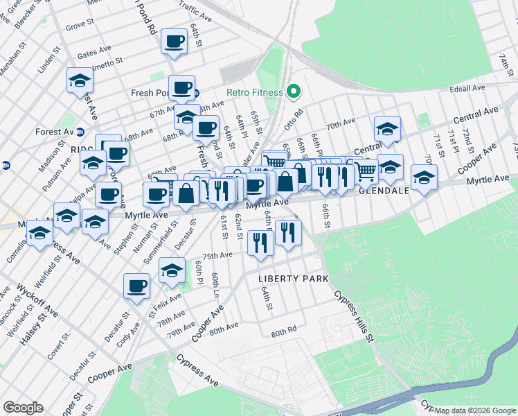 map of restaurants, bars, coffee shops, grocery stores, and more near 6410 Myrtle Avenue in Queens