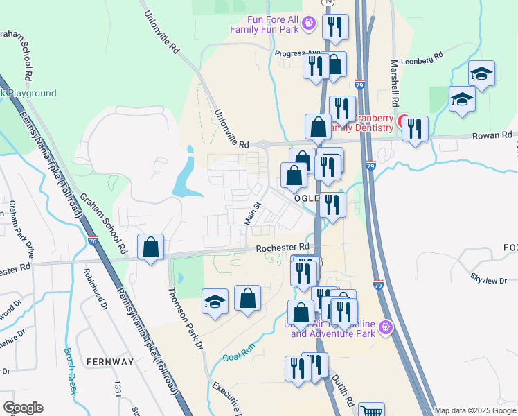 map of restaurants, bars, coffee shops, grocery stores, and more near 218 Folsom Way in Cranberry Township