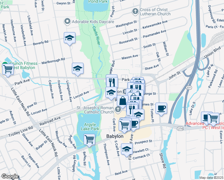 map of restaurants, bars, coffee shops, grocery stores, and more near 136 North Carll Avenue in Babylon