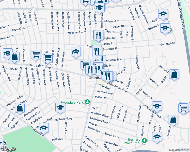 map of restaurants, bars, coffee shops, grocery stores, and more near in Uniondale