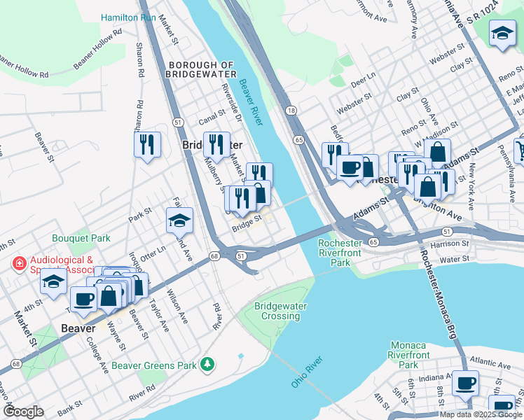 map of restaurants, bars, coffee shops, grocery stores, and more near 124 Bridge Street in Beaver
