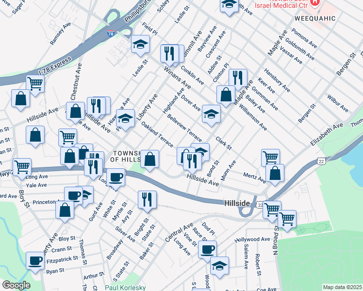map of restaurants, bars, coffee shops, grocery stores, and more near 1438 Compton Terrace in Hillside