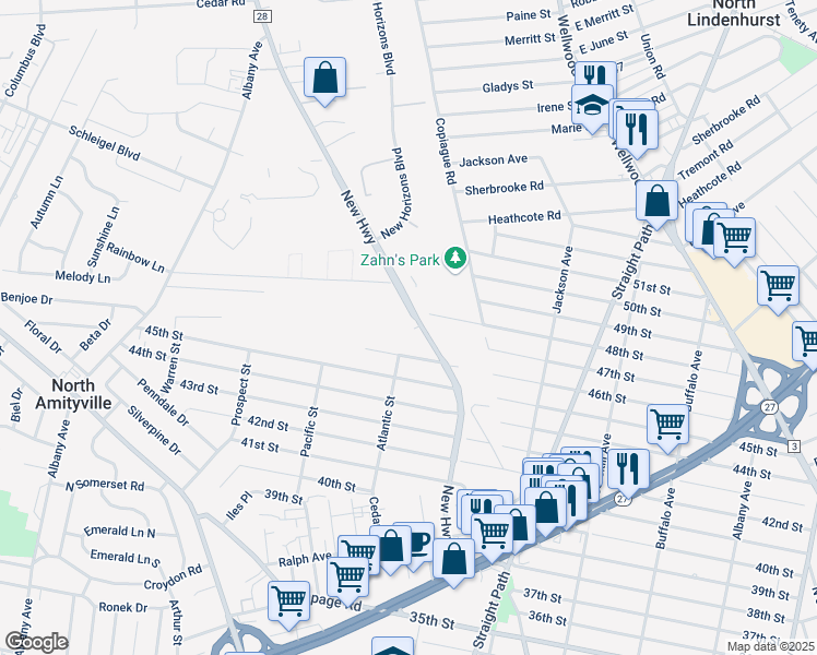 map of restaurants, bars, coffee shops, grocery stores, and more near 104 Cassata Drive in Copiague