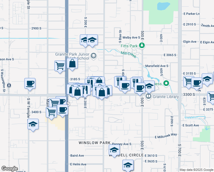map of restaurants, bars, coffee shops, grocery stores, and more near 3219 South 300 East in South Salt Lake