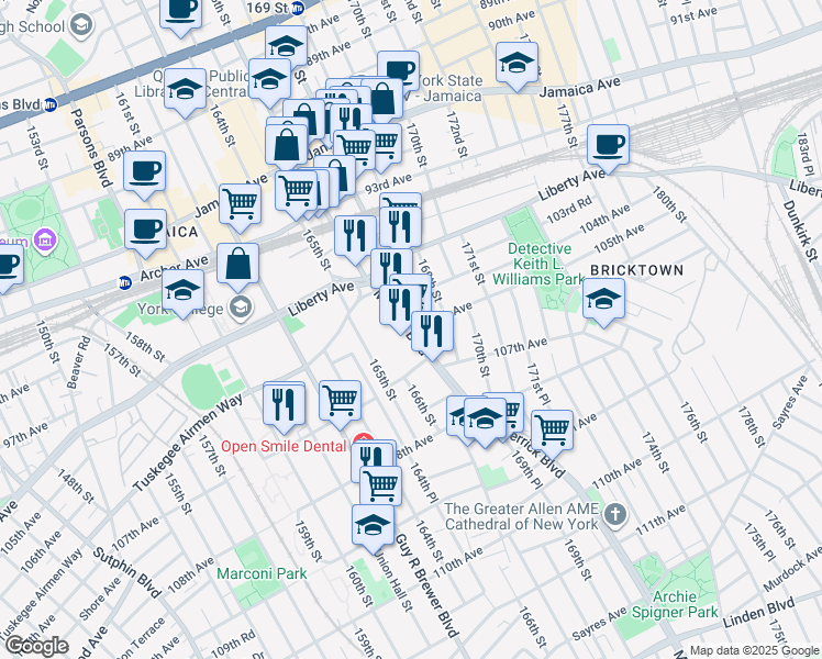 map of restaurants, bars, coffee shops, grocery stores, and more near 105th Avenue in Queens