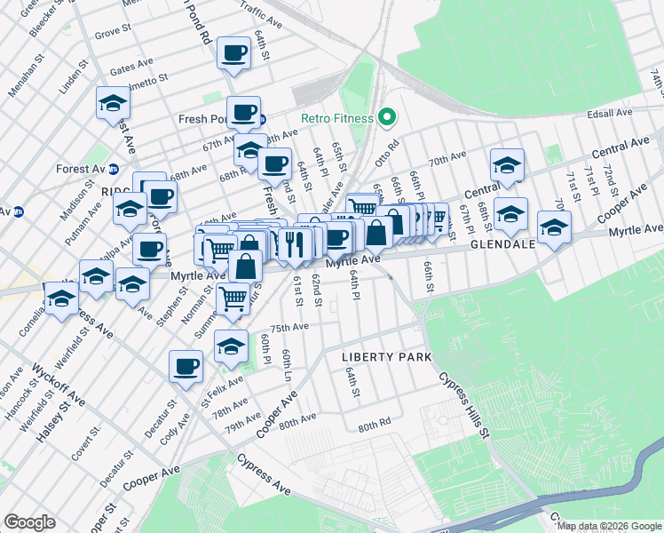 map of restaurants, bars, coffee shops, grocery stores, and more near 6207 Myrtle Avenue in Queens