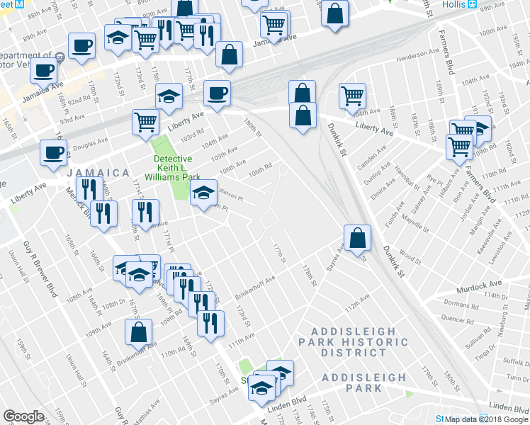 map of restaurants, bars, coffee shops, grocery stores, and more near 108-1 178th Street in Queens