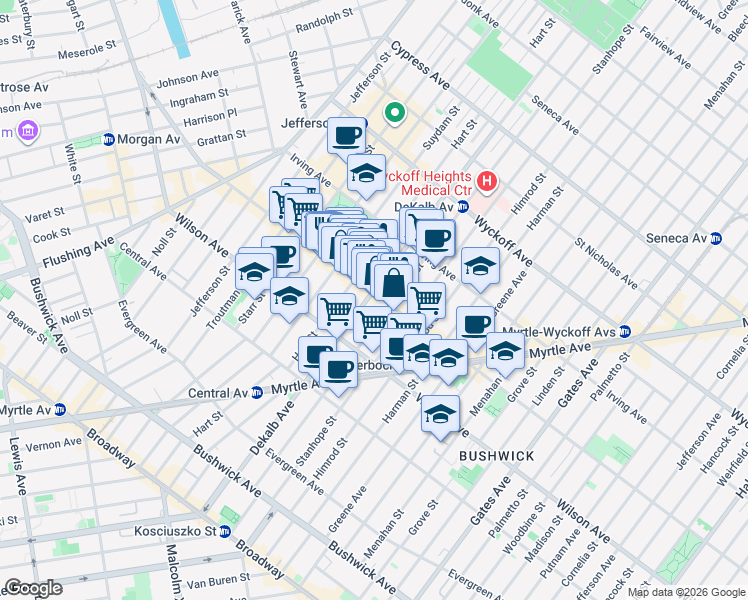 map of restaurants, bars, coffee shops, grocery stores, and more near 342 Knickerbocker Avenue in Brooklyn