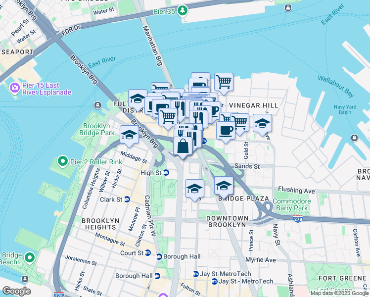 map of restaurants, bars, coffee shops, grocery stores, and more near 55 Prospect Street in Brooklyn