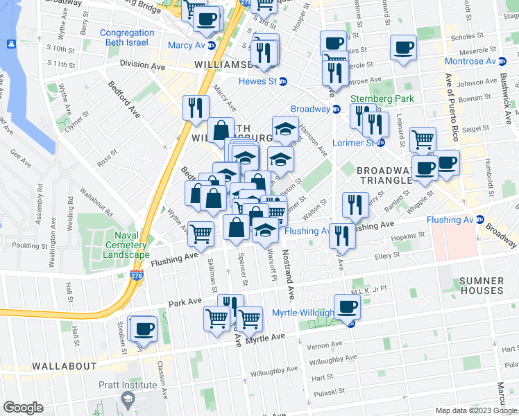 map of restaurants, bars, coffee shops, grocery stores, and more near 239 Lee Avenue in Brooklyn
