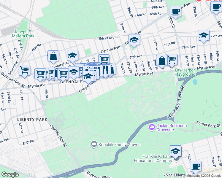 map of restaurants, bars, coffee shops, grocery stores, and more near 73-39 71st Place in Queens