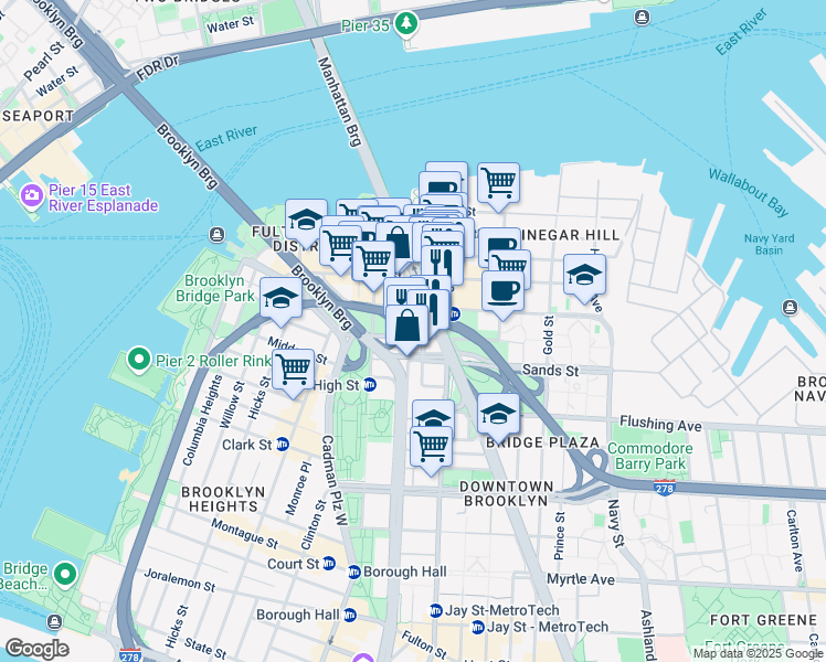 map of restaurants, bars, coffee shops, grocery stores, and more near 107 Adams Street in Brooklyn
