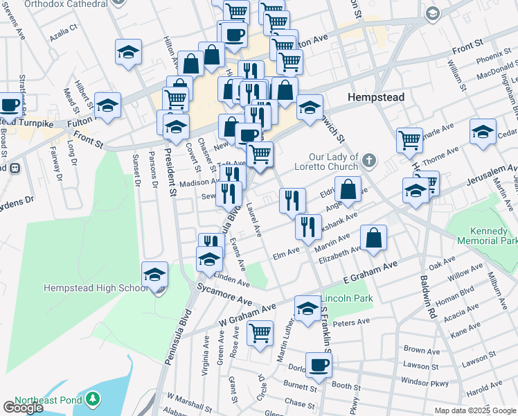 map of restaurants, bars, coffee shops, grocery stores, and more near 11 Clinton C. Boone Street in Hempstead