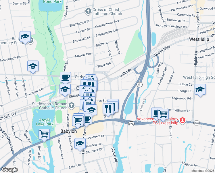 map of restaurants, bars, coffee shops, grocery stores, and more near 110 Cooper Street in Babylon