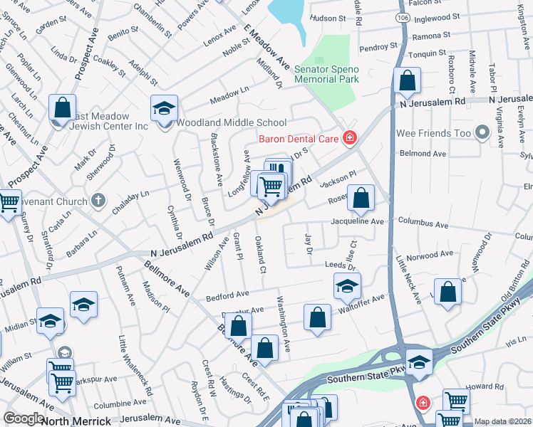 map of restaurants, bars, coffee shops, grocery stores, and more near 2001 North Jerusalem Road in East Meadow