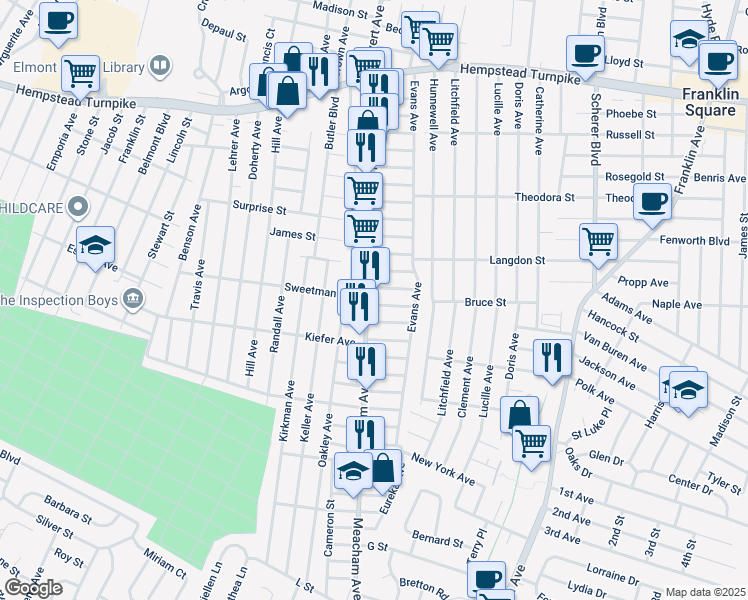 map of restaurants, bars, coffee shops, grocery stores, and more near 255 Meacham Avenue in Elmont