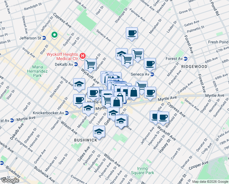 map of restaurants, bars, coffee shops, grocery stores, and more near 401 Linden Street in Brooklyn