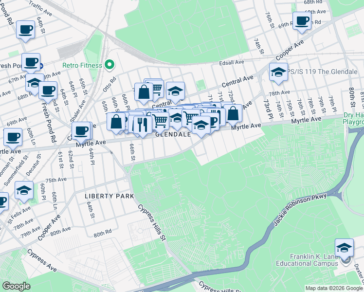 map of restaurants, bars, coffee shops, grocery stores, and more near in Queens
