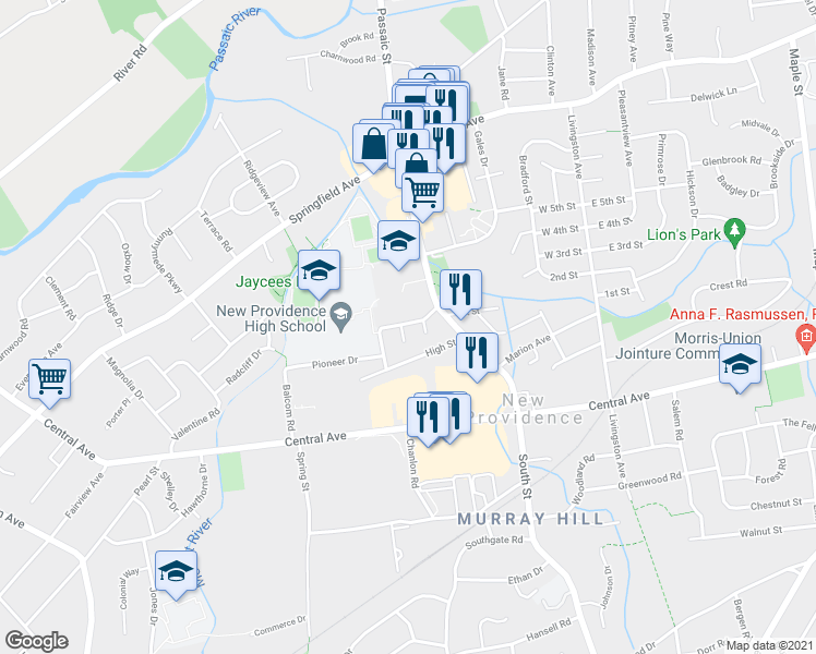 map of restaurants, bars, coffee shops, grocery stores, and more near 26 Westview Avenue in New Providence