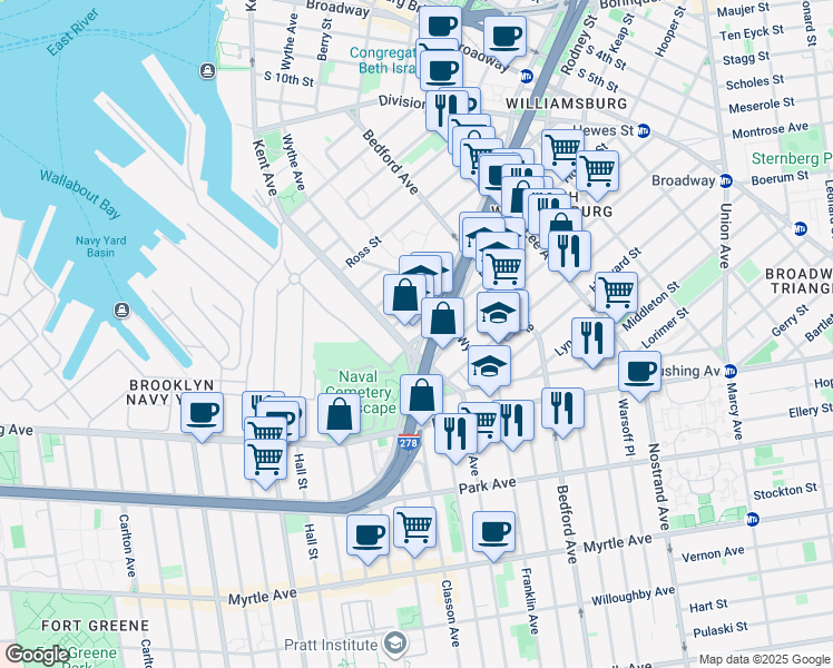 map of restaurants, bars, coffee shops, grocery stores, and more near 35 Williamsburg Street West in Brooklyn