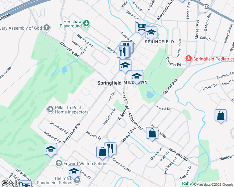 map of restaurants, bars, coffee shops, grocery stores, and more near 5 Shunpike Road in Springfield