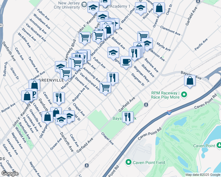 map of restaurants, bars, coffee shops, grocery stores, and more near 70 Armstrong Avenue in Jersey City