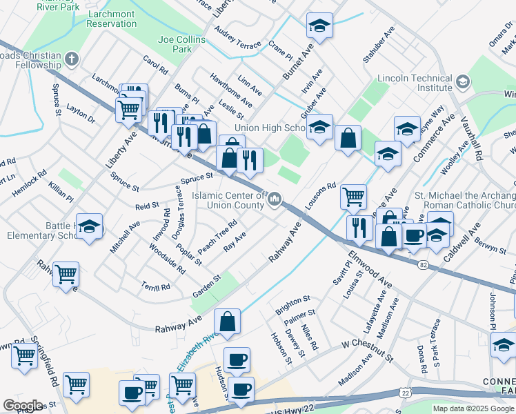 map of restaurants, bars, coffee shops, grocery stores, and more near 2427 Steuben Street in Union