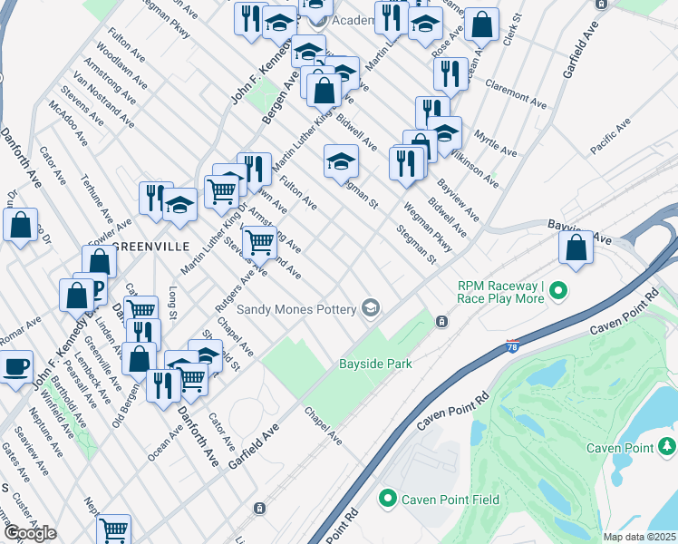 map of restaurants, bars, coffee shops, grocery stores, and more near 415 Ocean Avenue in Jersey City