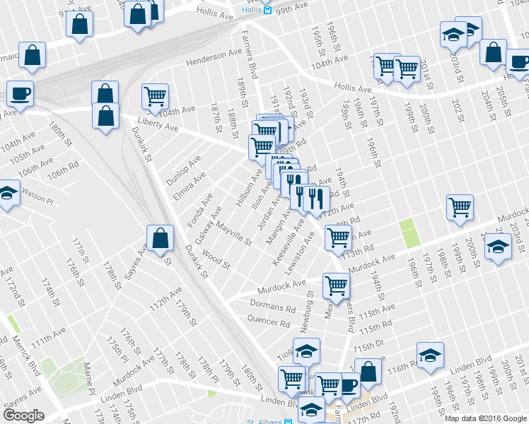 map of restaurants, bars, coffee shops, grocery stores, and more near 188-03 Jordan Avenue in Queens