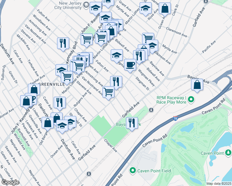 map of restaurants, bars, coffee shops, grocery stores, and more near 415 Ocean Avenue in Jersey City