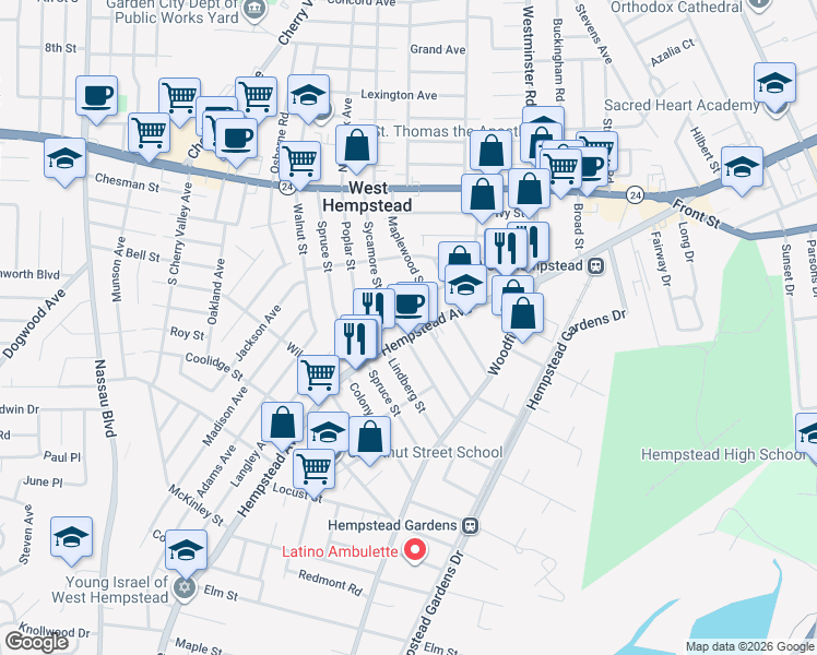 map of restaurants, bars, coffee shops, grocery stores, and more near 293 Hempstead Avenue in West Hempstead