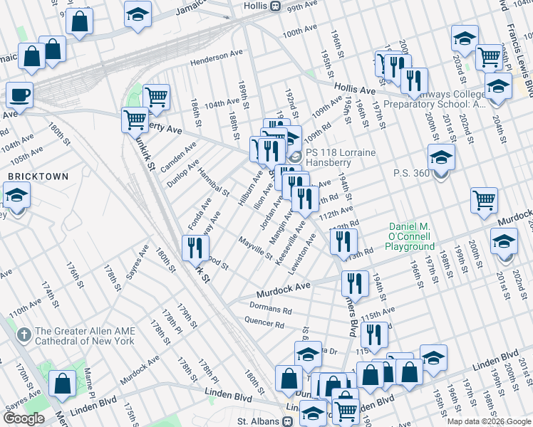 map of restaurants, bars, coffee shops, grocery stores, and more near 188-03 Jordan Avenue in Queens