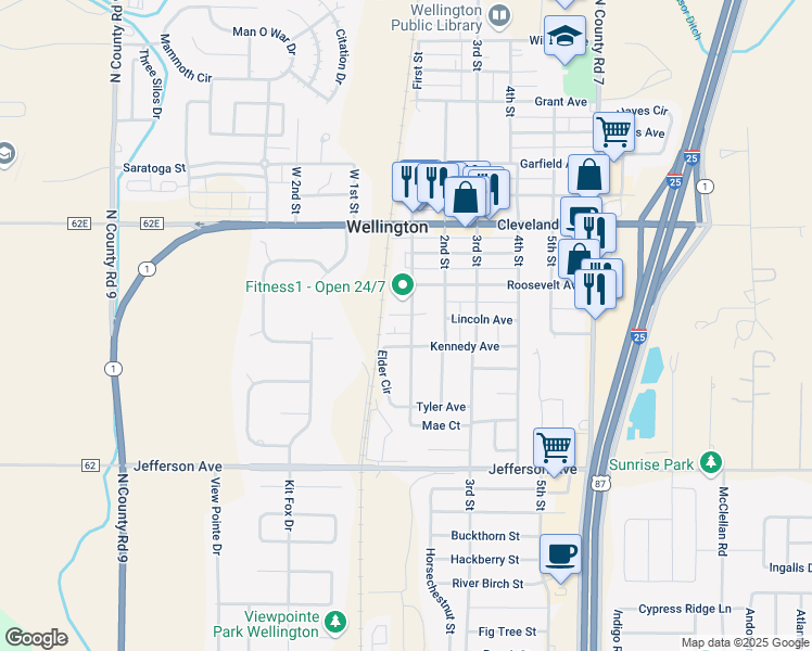map of restaurants, bars, coffee shops, grocery stores, and more near 7937 First Street in Wellington