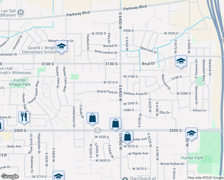 map of restaurants, bars, coffee shops, grocery stores, and more near 6466 Sharal Park Drive in West Valley City